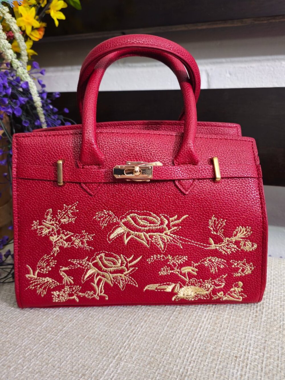 Embroidered Floral Tote – Red / Gold